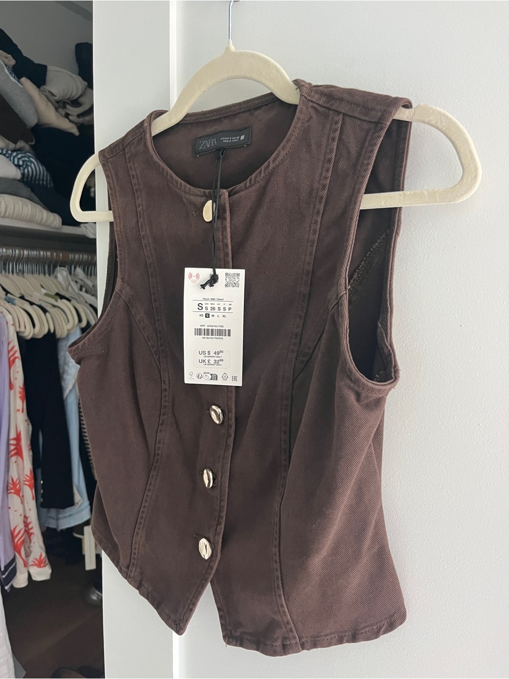 Zara Brown Sleeveless Button-Front Fitted Vest/Top - Picture 4 of 6